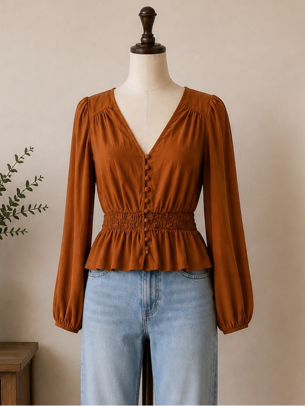 Bobo Fall Banana Republic Cognac Peplum Blouse XS Puff Sleeve Romantic